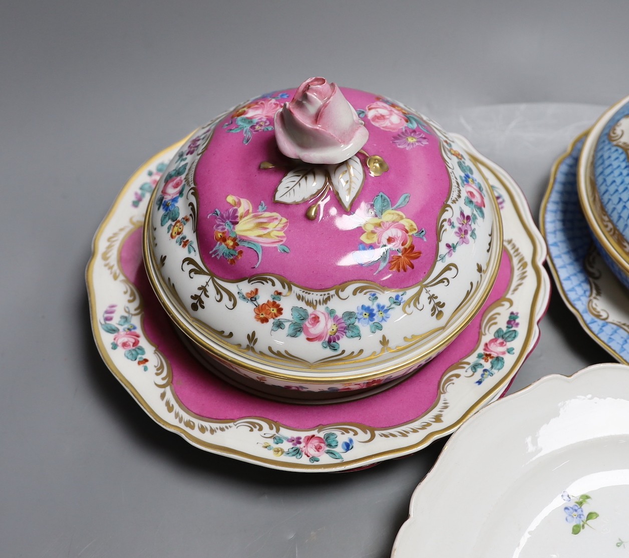 Two 19th century Meissen plates, 24.5cm, a 19th century Copenhagen porcelain dish and a pair of Continental porcelain ecuelles covers and stands